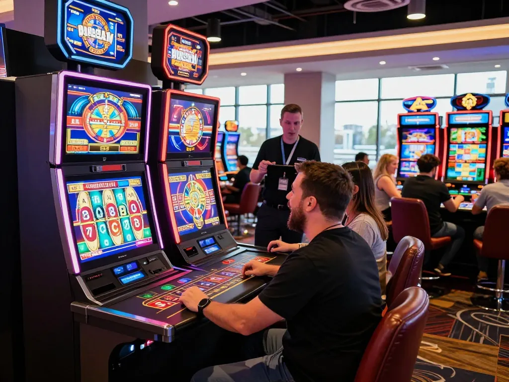 Alev casino kumar player celebrating a big win at a vibrant slot machine among colorful casino lights.