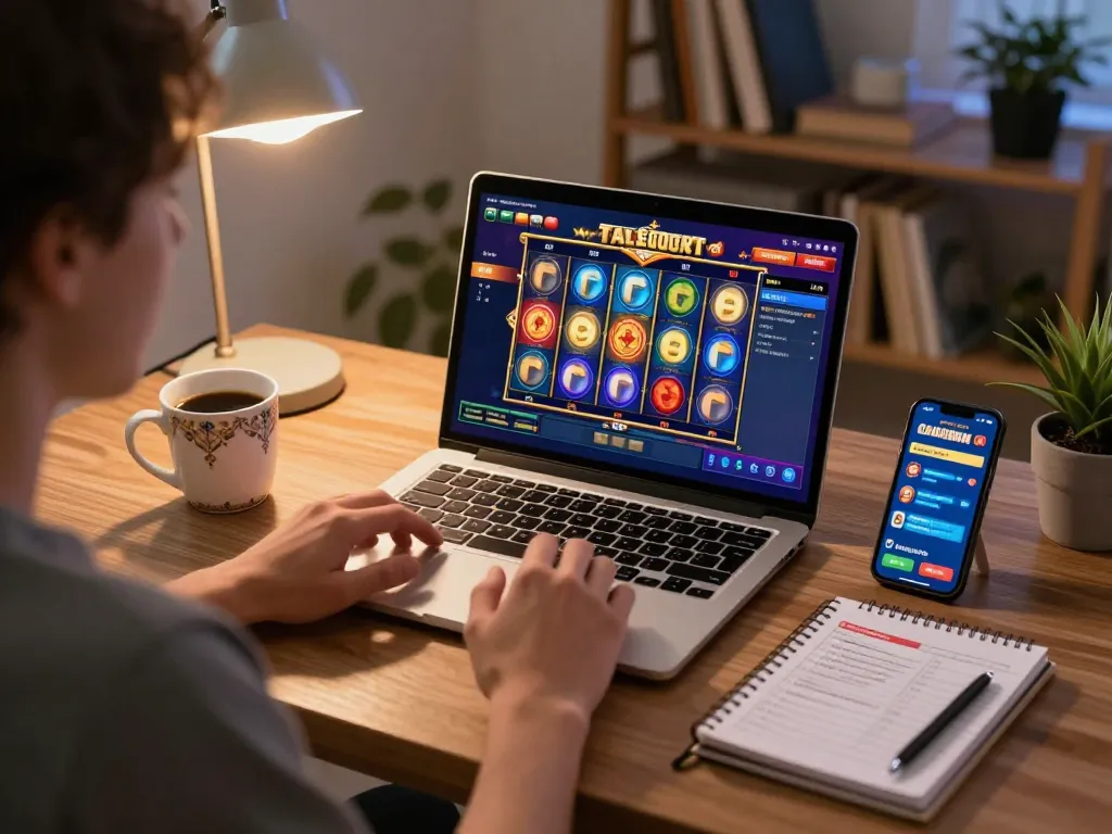 Pemain yang terlibat memutar gulungan slot selama sesi permainan online di rumah.
