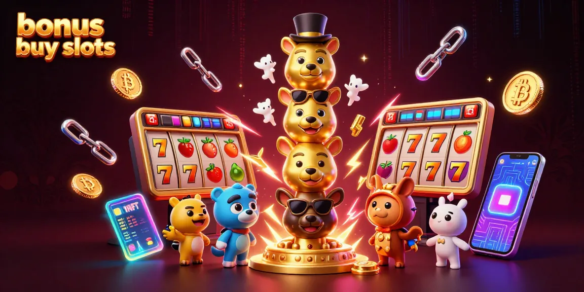 Gamblers activating bonus buy slots amidst lively casino elements and cryptocurrencies.