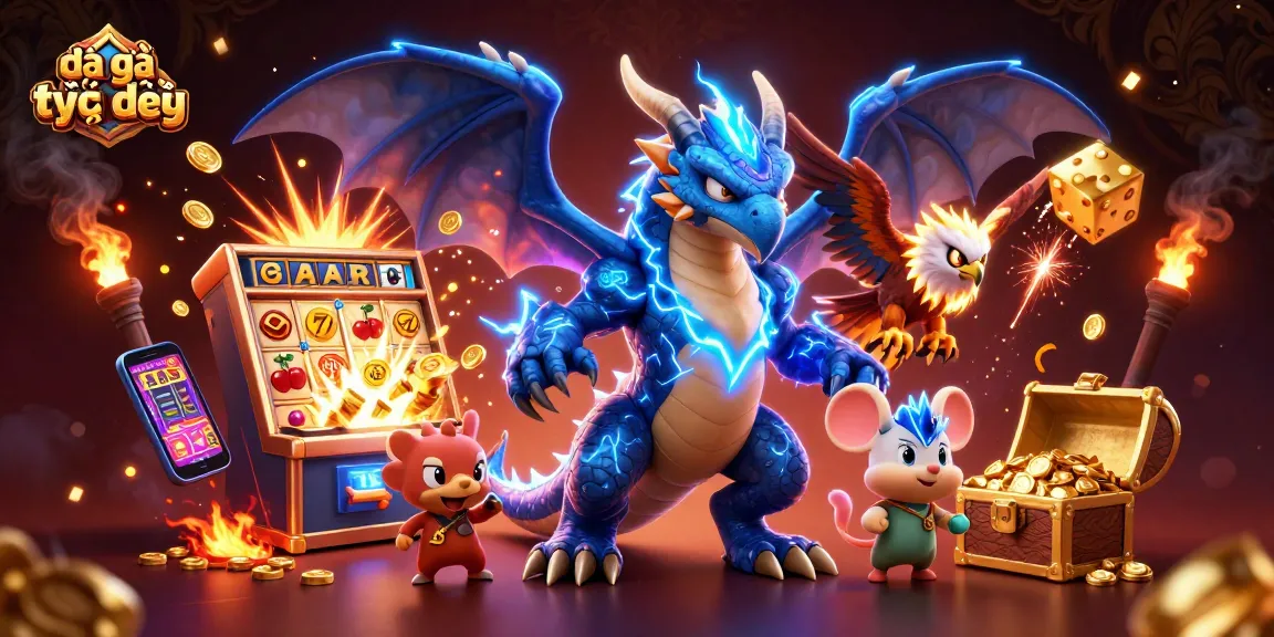 Experience đá gà trực tiếp with a vibrant 3D casino scene featuring animated characters and symbols.