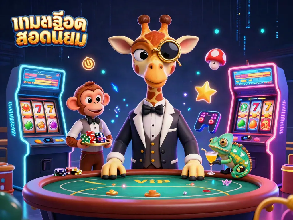 Engage with เกมสล็อตยอดนิยม in a vibrant scene featuring a high-roller giraffe, monkey valet, and chameleon bartender.