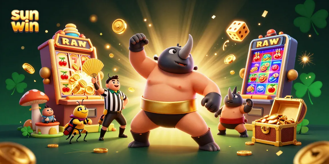 Experience thrilling wins at Sun Win with a cartoon rhinoceros beetle champion amidst golden jackpots and vibrant casino symbols.