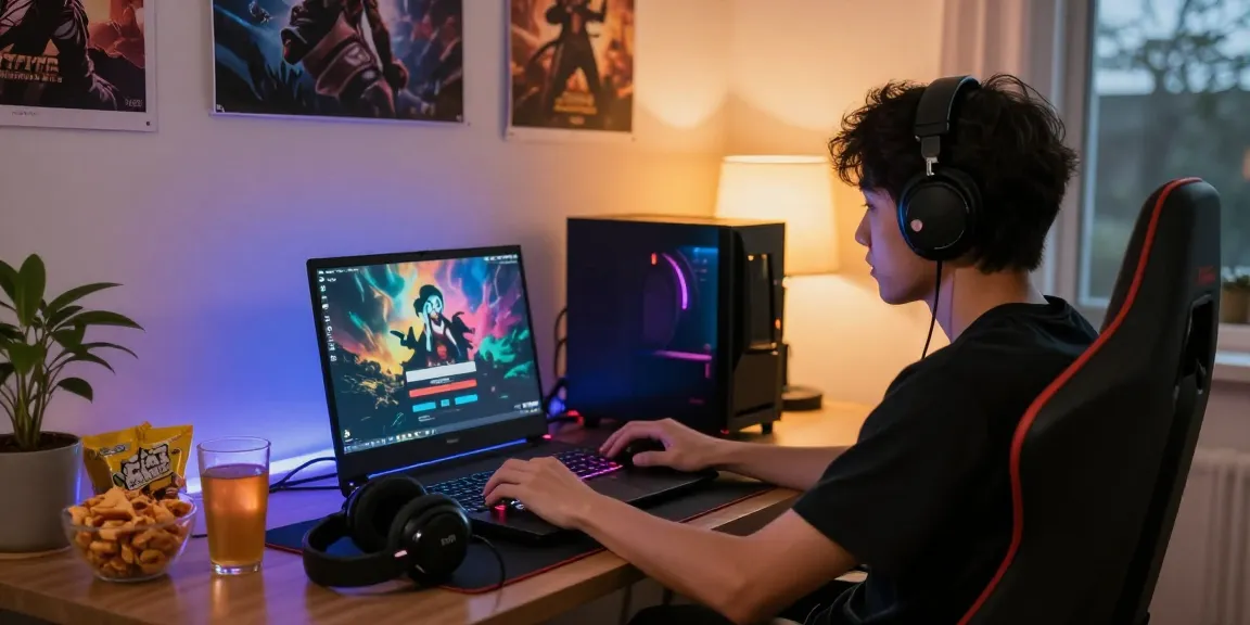 Raja Game login screen displayed on a gaming laptop in a cozy room setting with colorful LED lights.