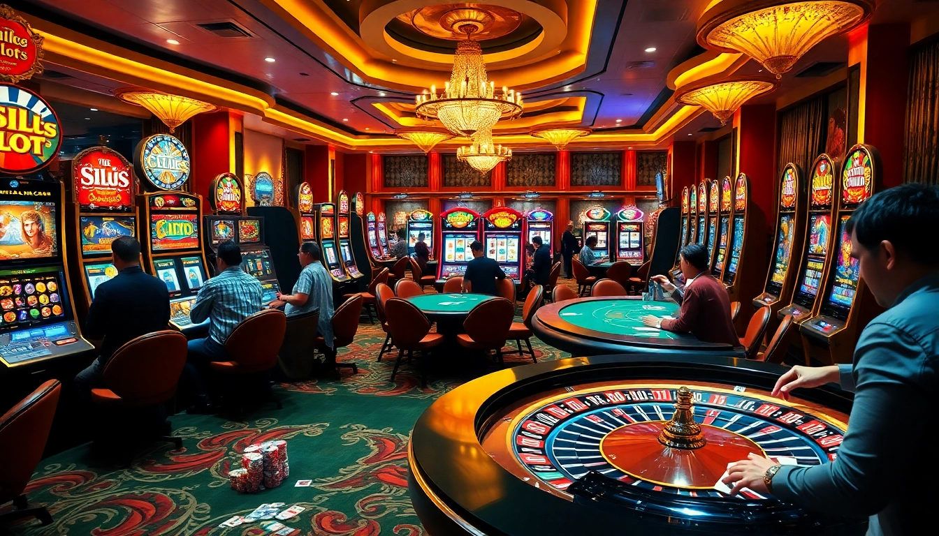 Situs slot gacor scene with players engaged at vibrant casino tables and exciting slot machines.