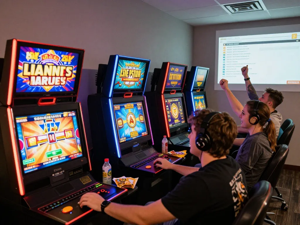 Exciting gaming session showcasing players celebrating wins at situs slot gacor online, vibrant slot graphics and cozy setup.