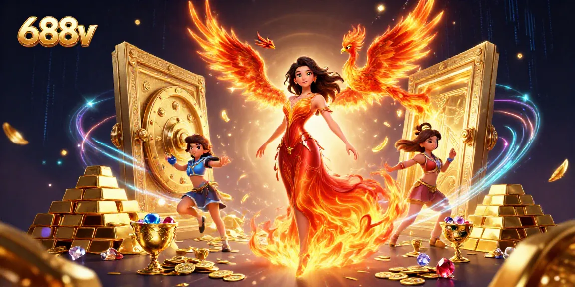 Experience the thrill of 688v and winning at the casino with vibrant visuals featuring treasures and a fiery phoenix.