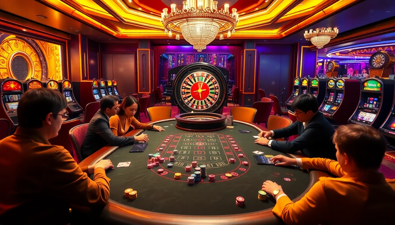 Pemain yang terlibat di meja poker taruhan tinggi di kasino mewah, menampilkan elemen bertema datukwin.