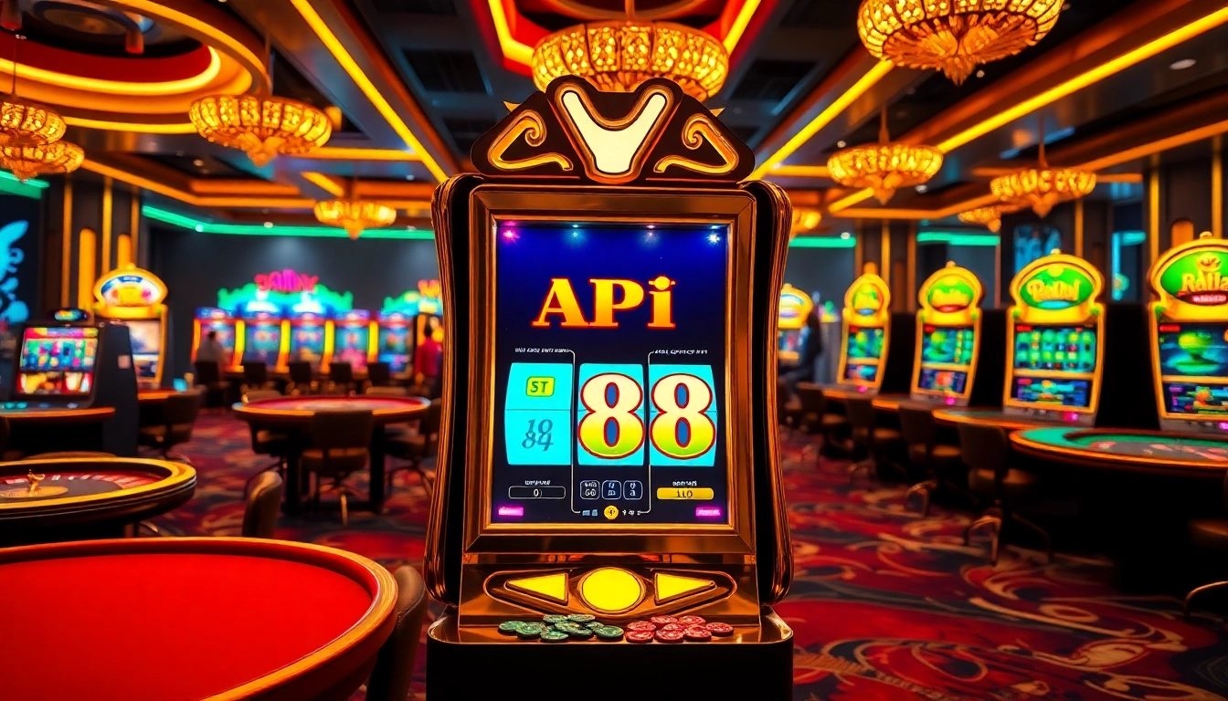Engaging scene of players enjoying Slot API Raja 88 on a luxurious slot machine in a vibrant casino.