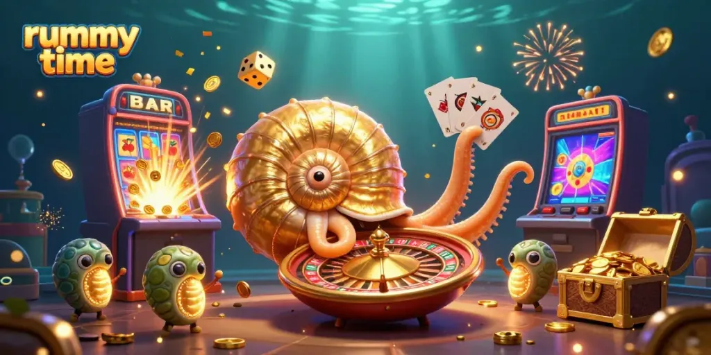 Experience rummy time with vibrant slot machines, cards, and golden nautilus under an aquatic glow.