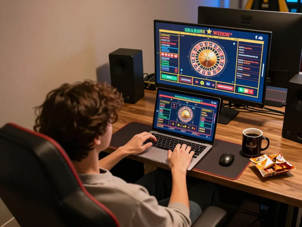 Engaging online gaming scene with a player exploring god55 casino options on a laptop at home