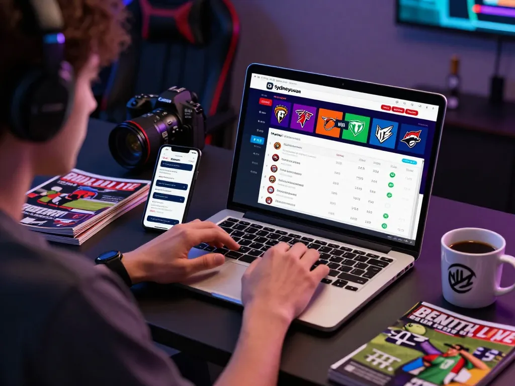 Skema permainan online yang menarik menampilkan taruhan parlay link mix, pengguna fokus pada laptop dengan statistik olahraga langsung dan notifikasi.