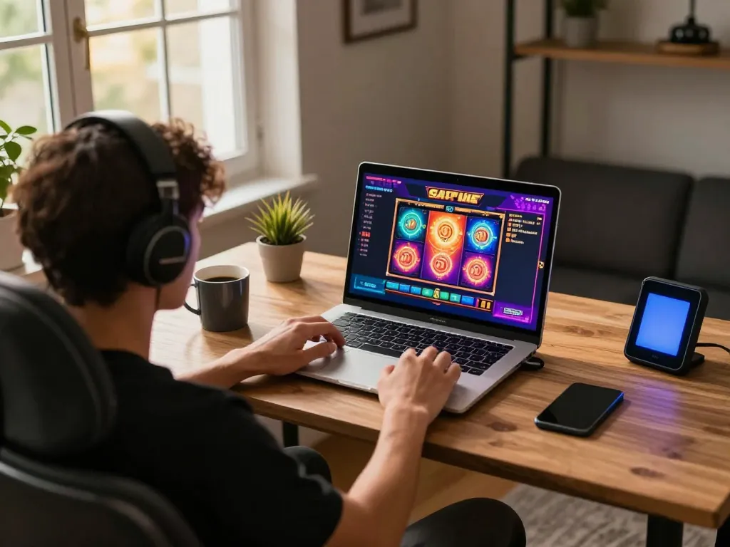Engaging in a slot gacor hari ini session at home, showcasing dynamic gameplay on screen with vibrant graphics.