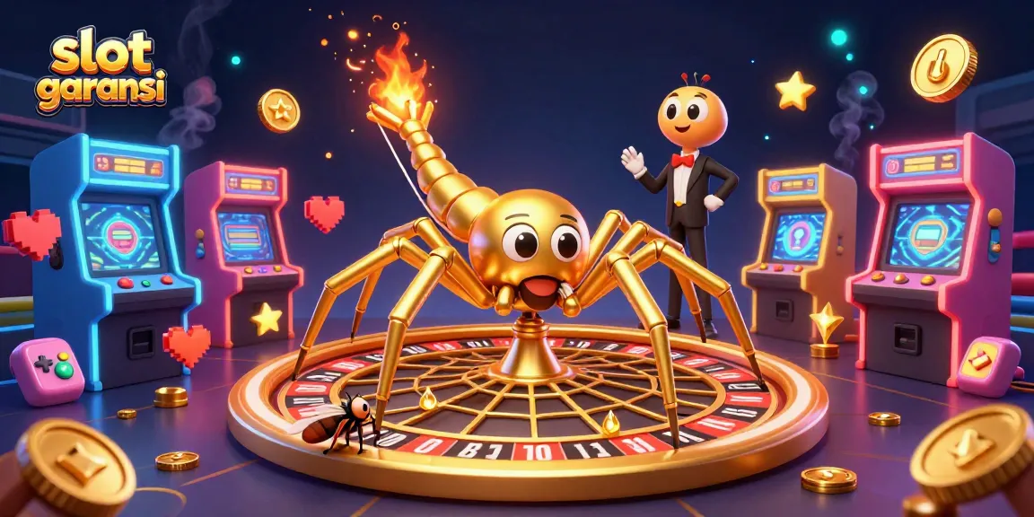 Experience the excitement of slot garansi with a golden spider and centipede in a vibrant casino scene.