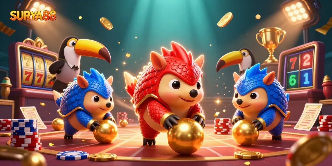 Experience the excitement of SURYA88 with rival pangolins competing in a dynamic casino showdown.