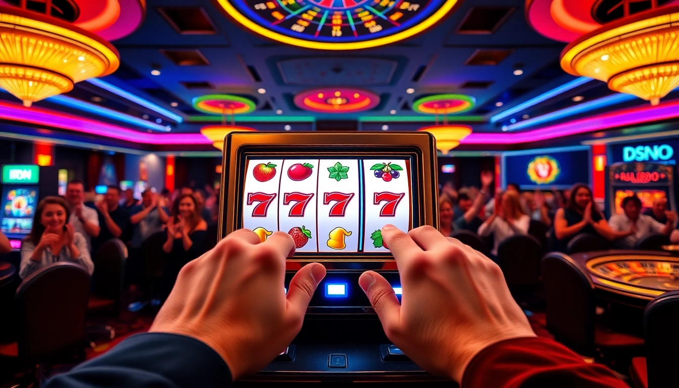 Players celebrating a big win on the IDN slot machine in a vibrant casino.