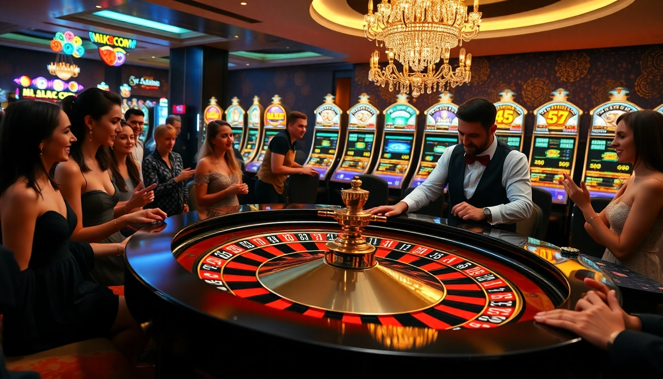 Players engaging in thrilling roulette at MK8.COM, surrounded by vibrant slot machines.