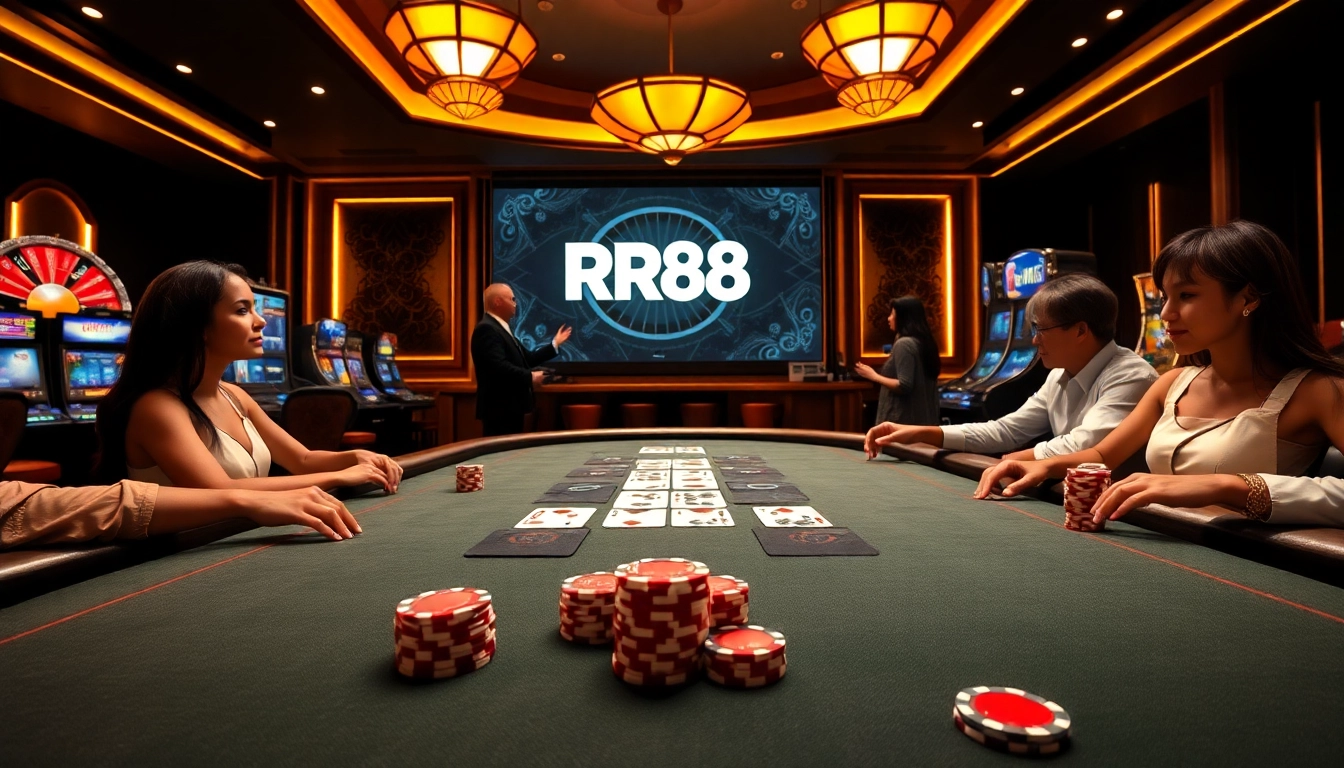 Players at the RR88 poker table excitedly compete for big wins in a luxurious casino atmosphere.