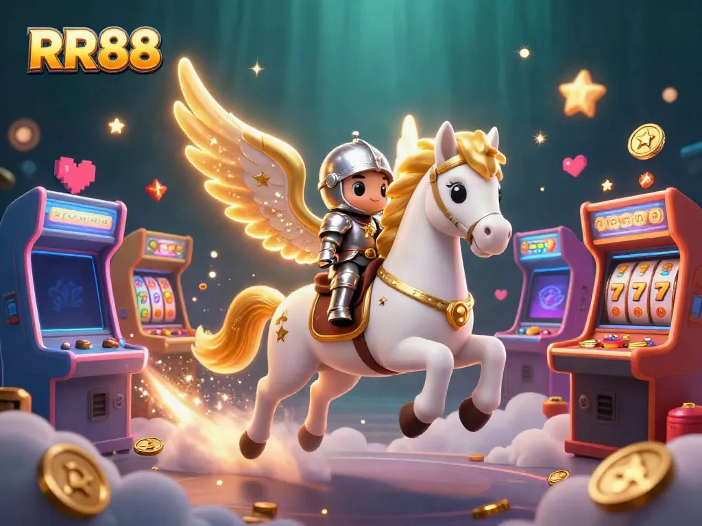 Experience the thrill of RR88 with a magical 3D scene of a celestial horse and knight amidst vivid casino elements.