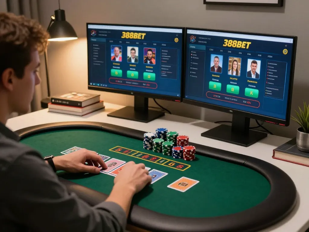 Gambler participating in a live blackjack game via 388bet with cards and chips visible.