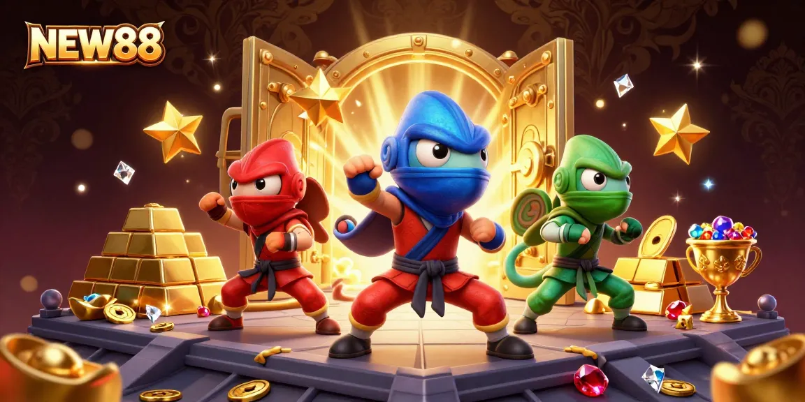Experience the thrill of NEW88 as a team of ninja chameleons engages in a dynamic martial arts scene, surrounded by dazzling treasure.
