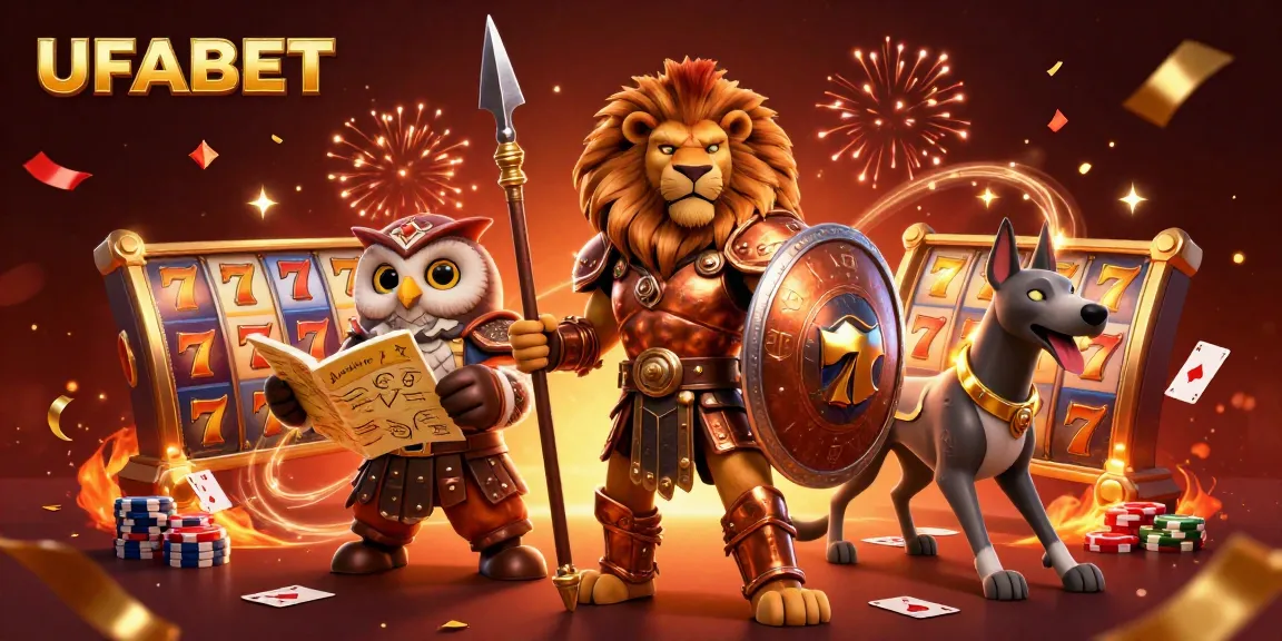 Experience exciting gameplay with UFABET's thrilling slot machines and poker tables surrounded by vibrant characters and festive elements.