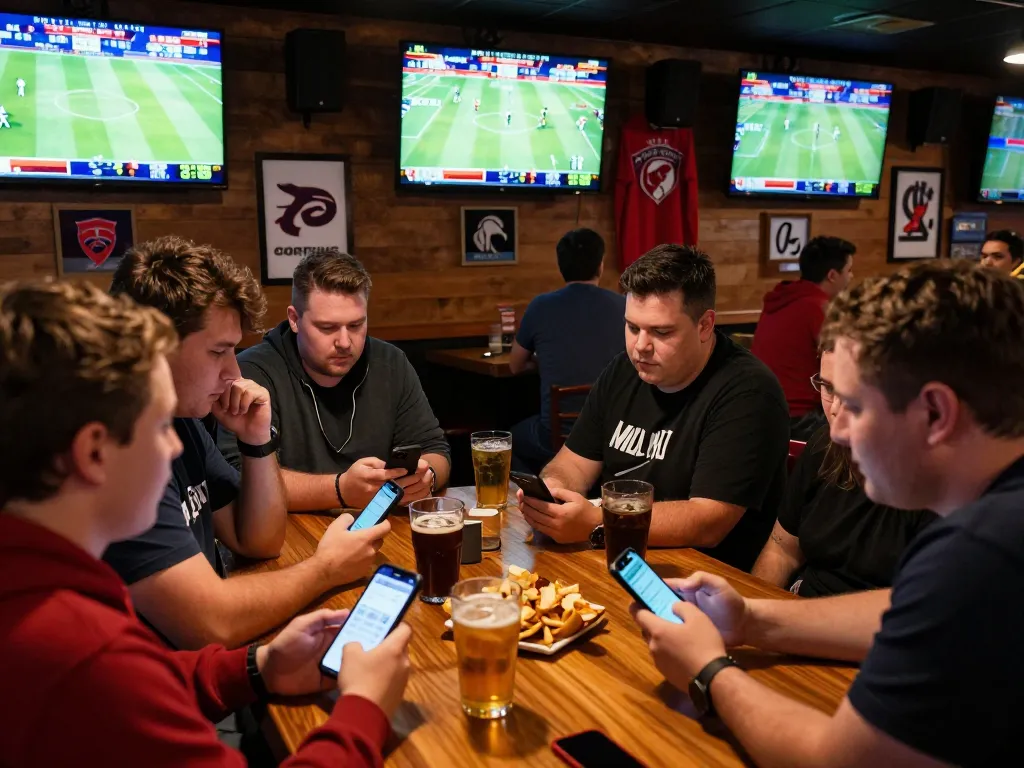 Engaged patrons at a sports bar using luckyindex for real-time betting odds on games.