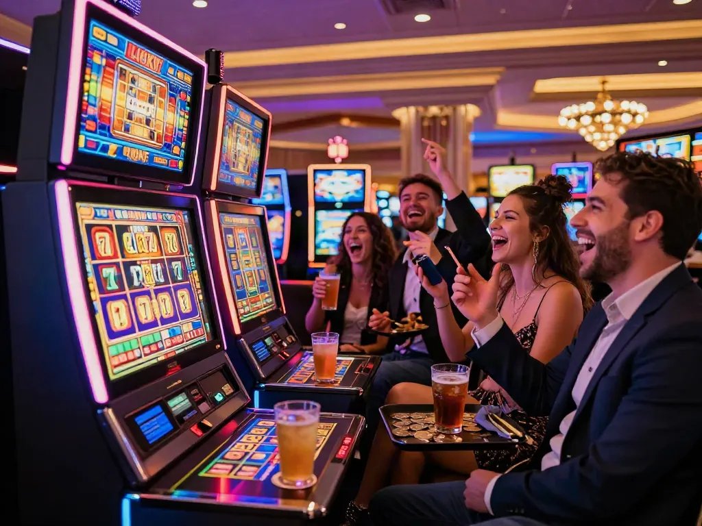 Excited friends celebrating a jackpot win on Lucky777 slot machine in a vibrant casino setting.