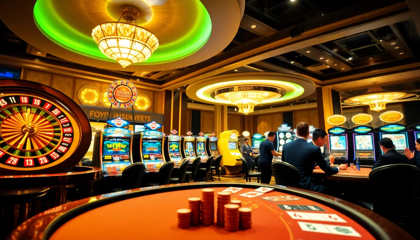Experience the thrill of betting at KK55.com with a stunning casino scene featuring roulette and poker tables.