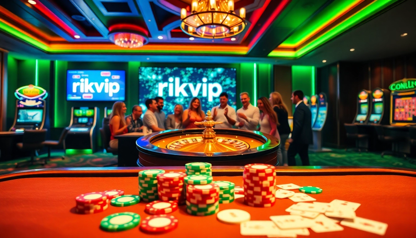 Experience the excitement of rikvip with a glamorous casino scene showcasing poker chips and roulette.