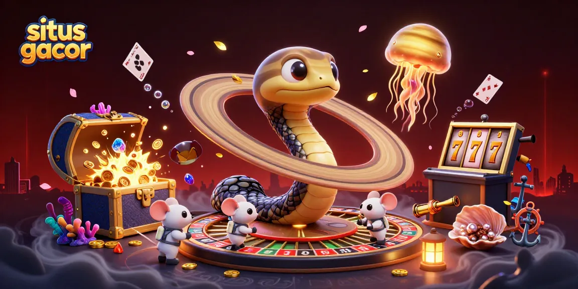 Engage with situs gacor at a colorful cosmic casino featuring slot reels, astronaut mice, and a golden jellyfish dealer.