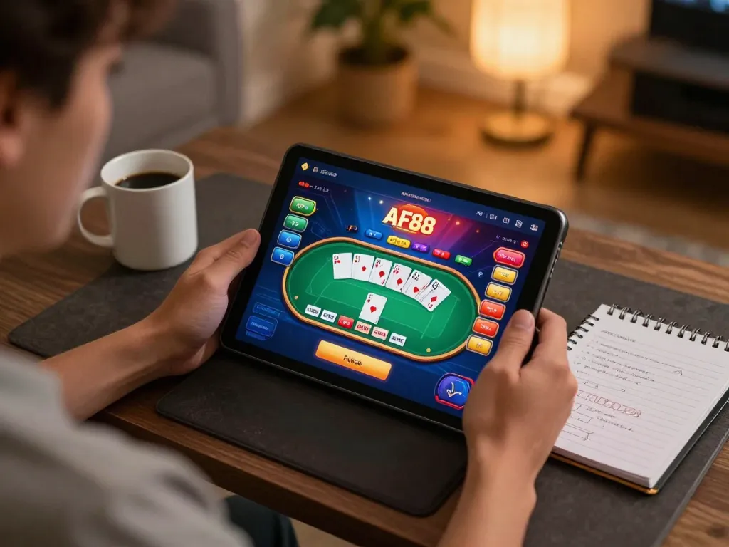 Engaging AF88 win gameplay experience on user-friendly tablet, showcasing online poker strategy.