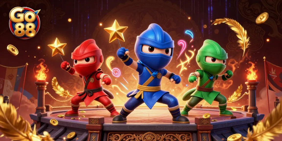 Go 88 showcases ninja chameleons in martial arts poses, surrounded by gaming elements, enhancing excitement.
