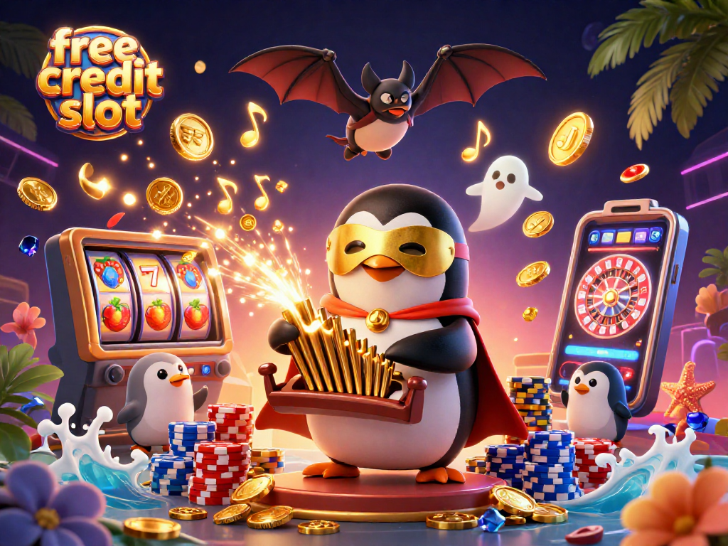 Experience the excitement of the free credit slot with a colorful 3D scene displaying vibrant casino elements.