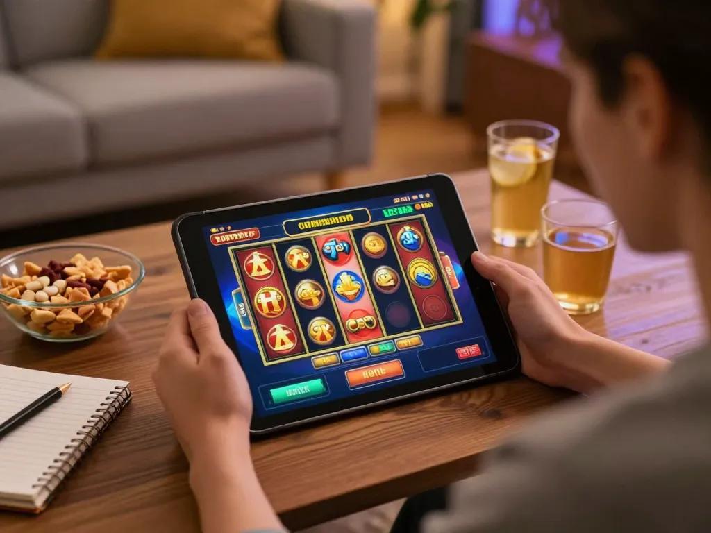 FAFA828 player excitedly spinning the reels on a tablet in a cozy online gaming environment.