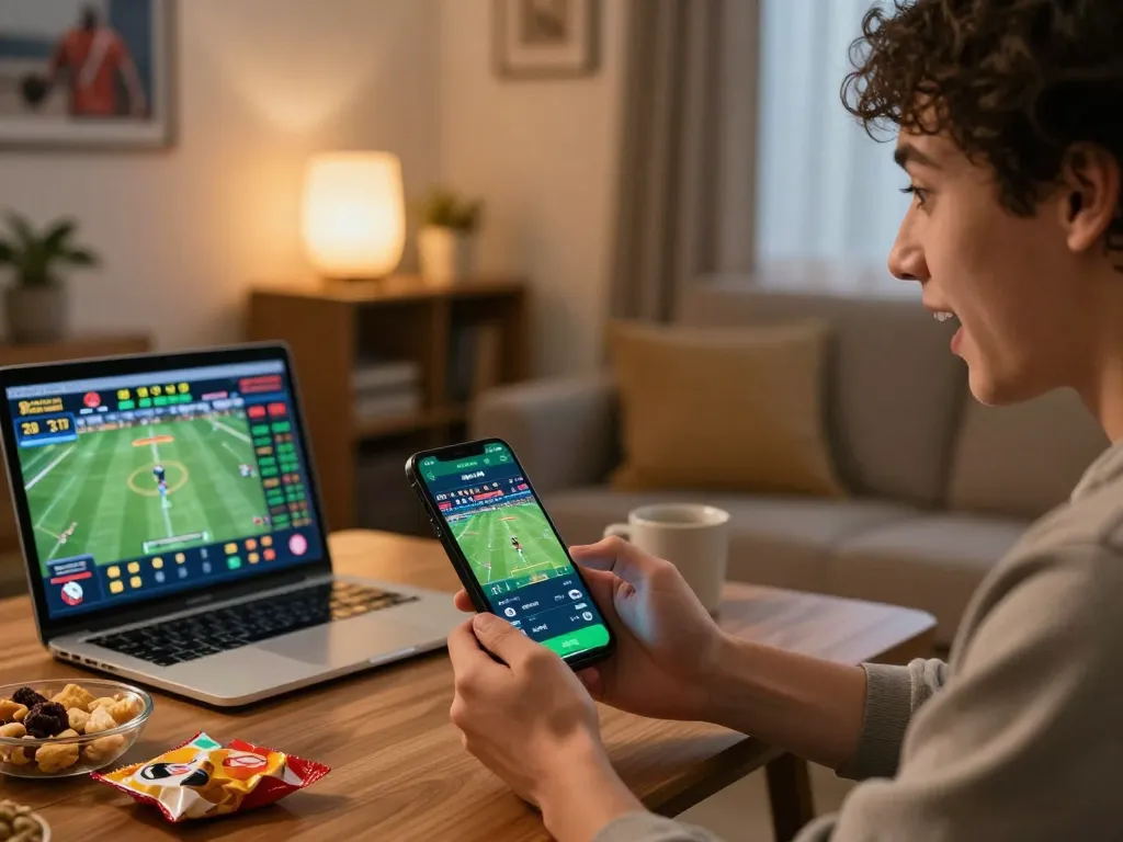LIGA2000 sports betting enthusiast checking live odds on mobile, surrounded by excitement.
