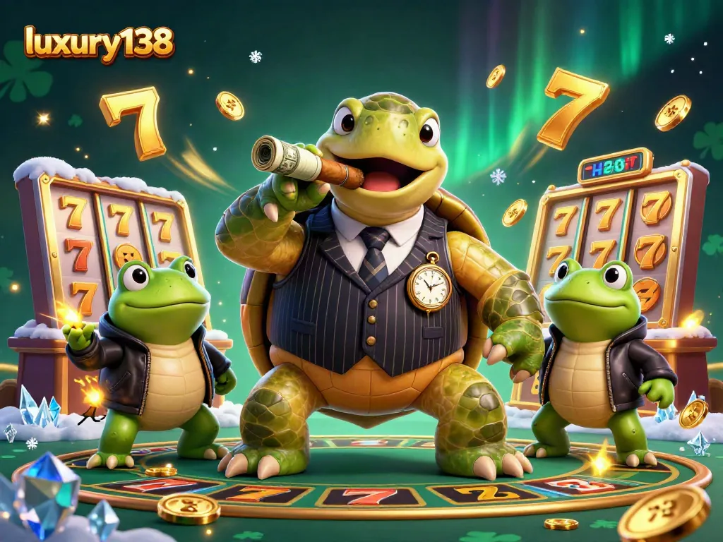 Engage with luxury138's slot experience featuring a cartoon turtle and bullfrogs in a vibrant casino scene.
