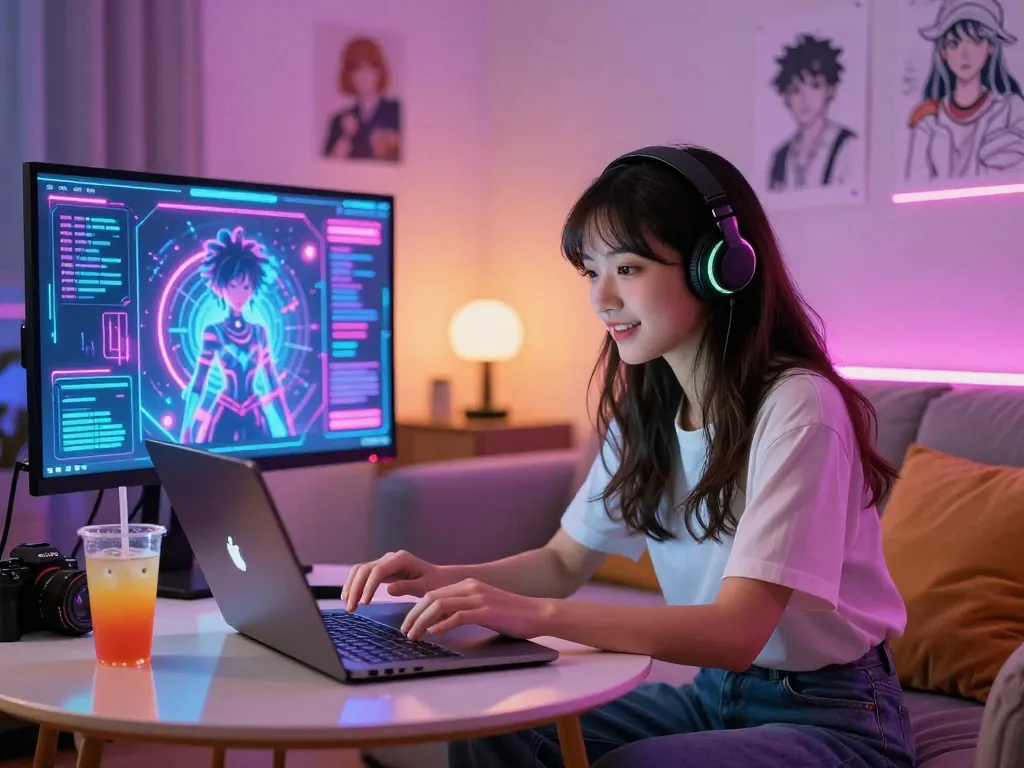 Engaging scene of a woman enjoying an ai chat nsfw experience with vibrant digital artwork