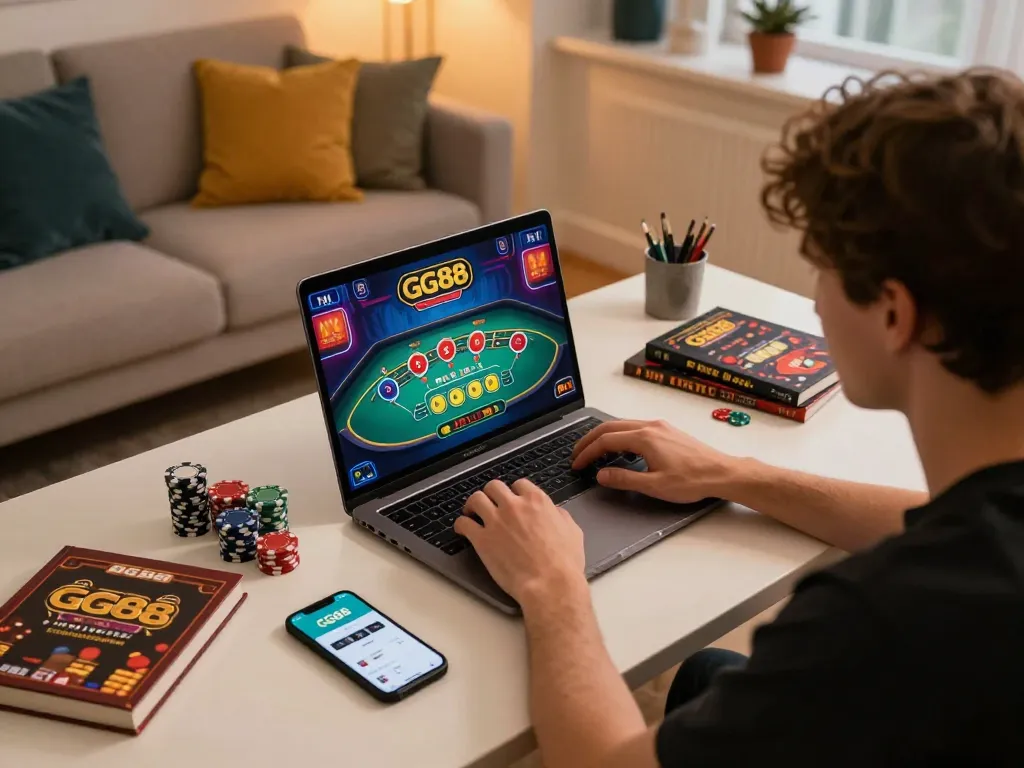 Player enjoying GG88 online games at stylish gaming setup, immersed in baccarat action.