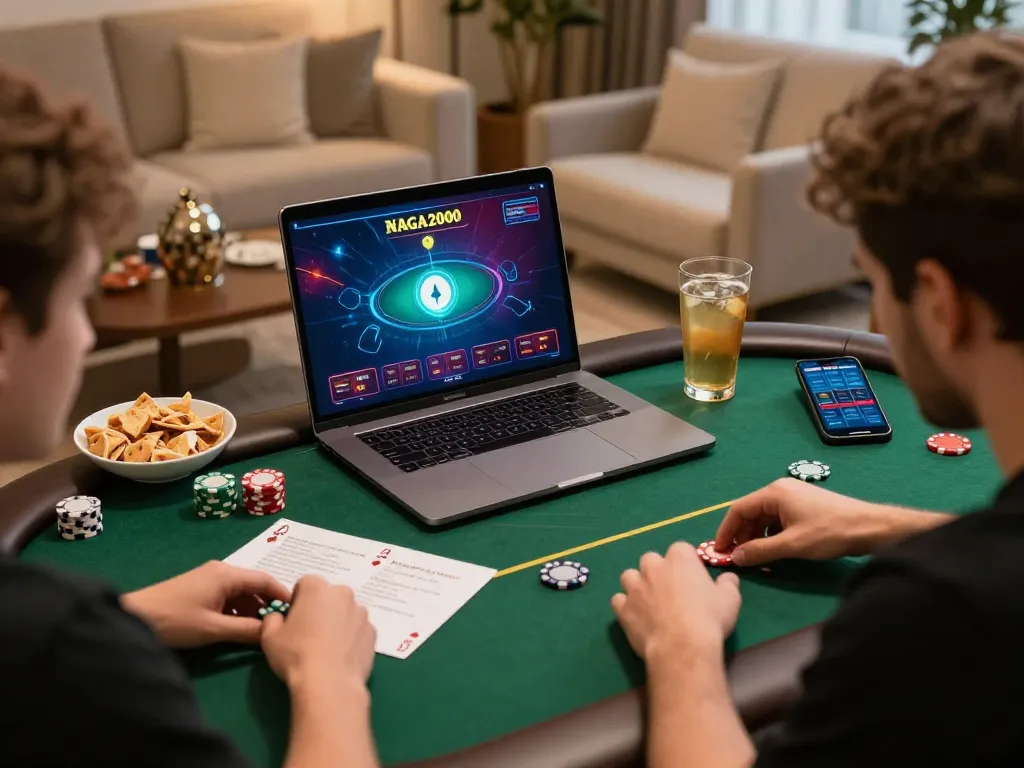 NAGA2000 players enjoying online poker on a laptop in a cozy home setting.