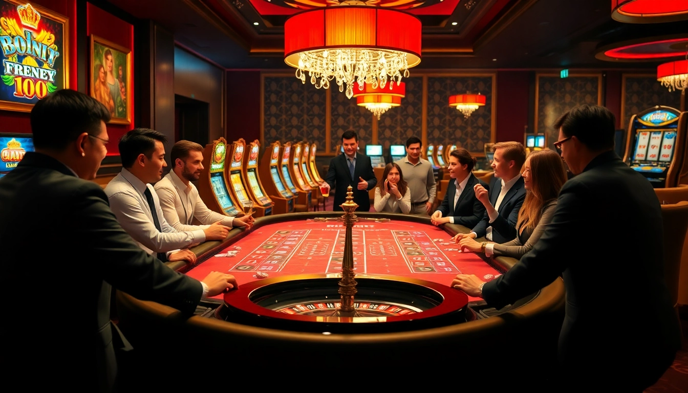 Dewaslot gaming excitement with players at a luxurious casino table featuring vibrant colors and chips.