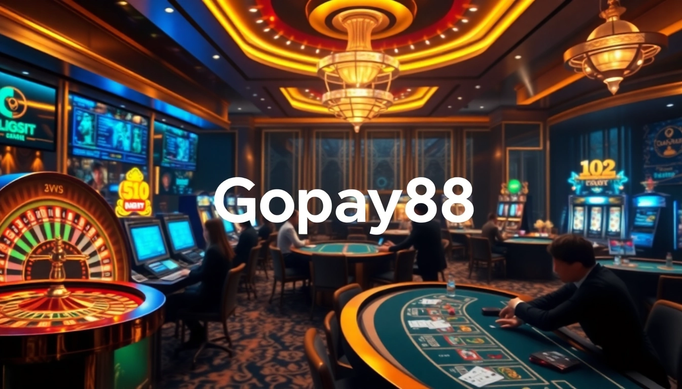 Gopay88 showcases an exciting online gambling experience with dynamic casino elements and vivid colors.