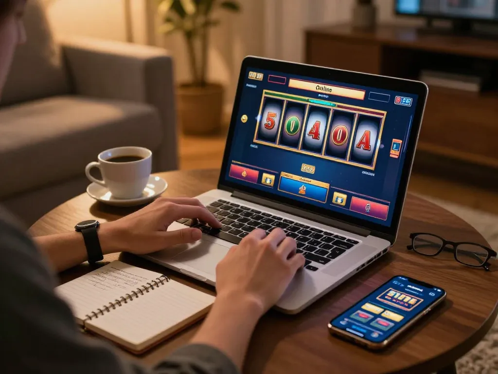 Engaging scene of online slot gaming at home with digital slot reels on laptop.