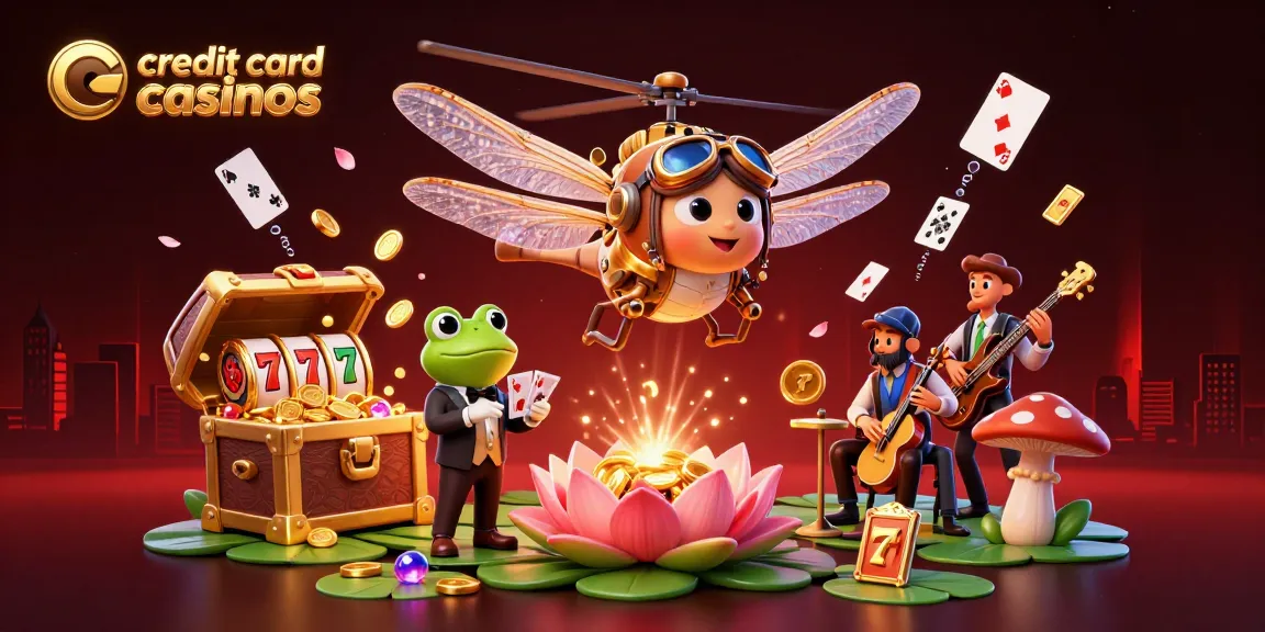 Engage with the vibrant atmosphere of credit card casinos featuring a dragonfly pilot and frog croupier.
