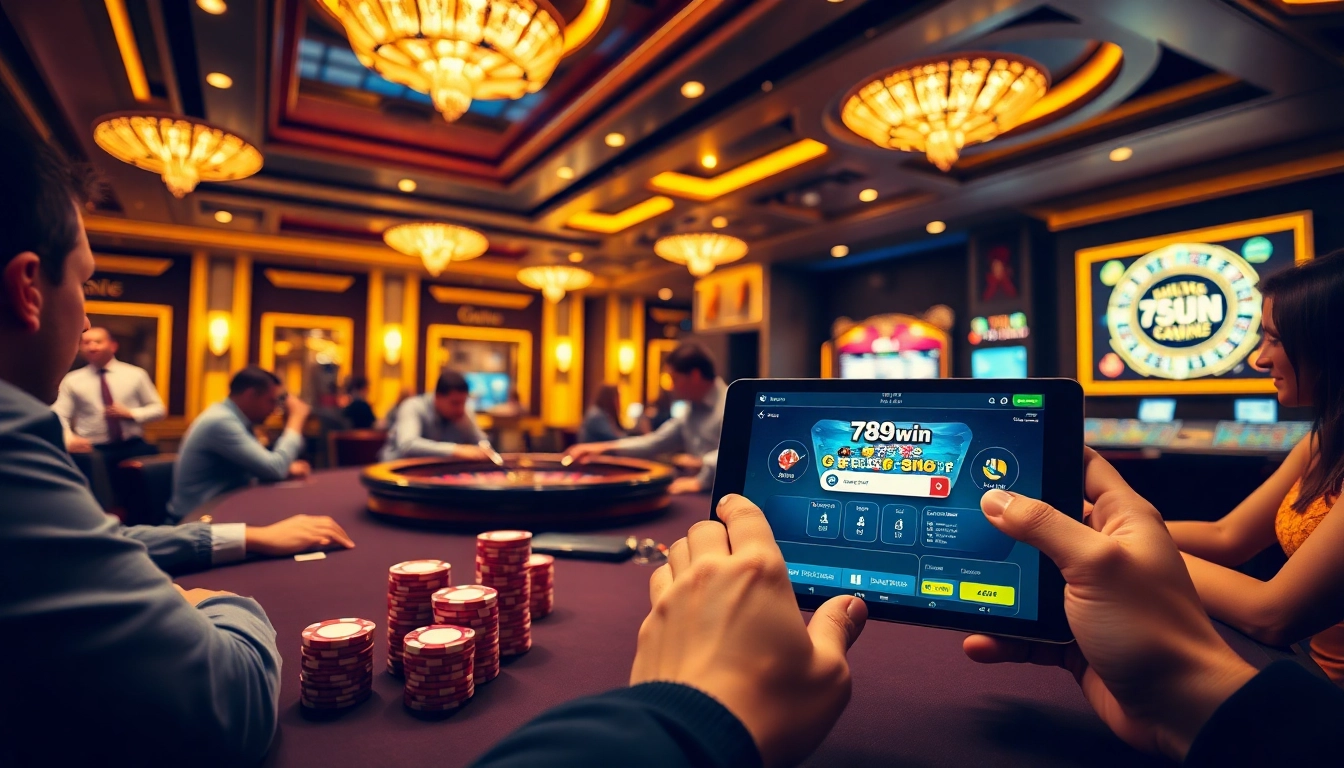 Players celebrating wins at a casino table, highlighting 789win đăng nhập excitement and luxury.