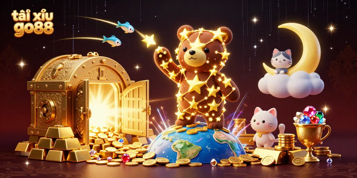 Experience thrilling tài xỉu go88 gameplay with golden treasures and starry companions in an enchanting casino scene.