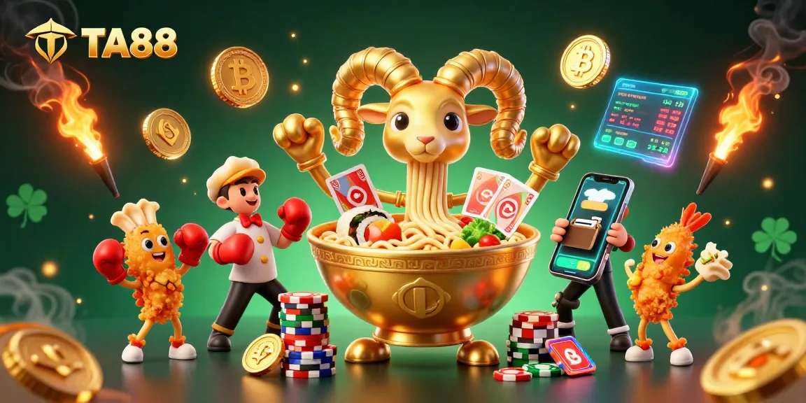 Engage with TA88 in a vibrant 3D casino scene featuring characters and crypto elements.
