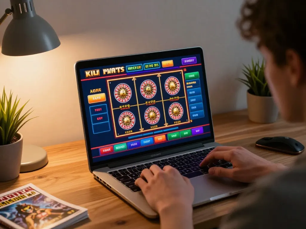Engaging online gaming scene capturing a player at nhà cái cm88 using a laptop for slots and roulette.