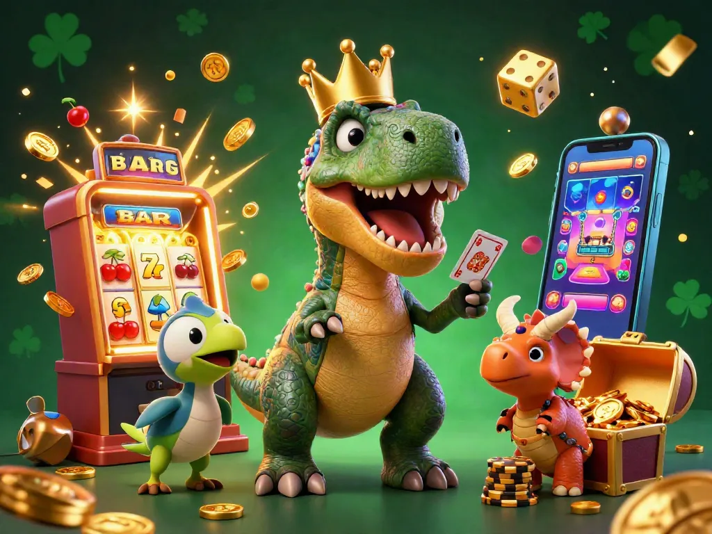 Kemenangan besar slot gacor dengan karakter T-Rex, pterodactyl dan triceratops dalam ilustrasi kasino ceria.