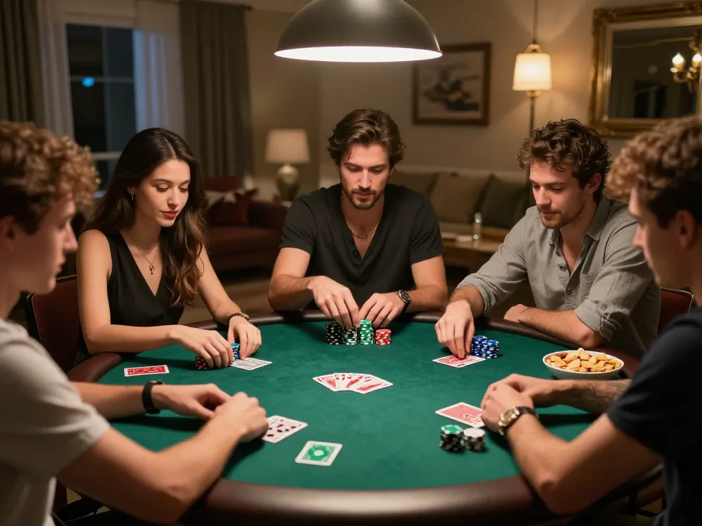 OK365 players engage in strategy and friendship during a lively home poker game.