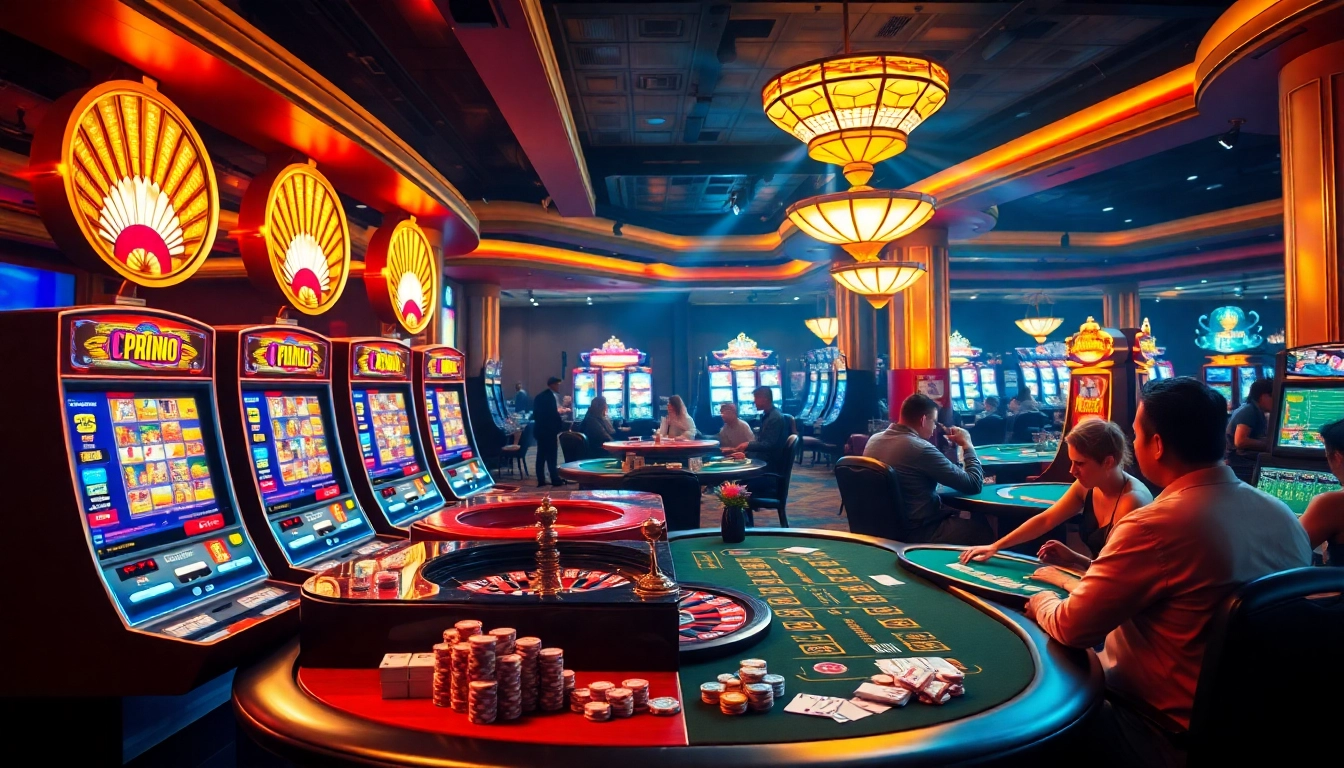 Experience excitement at the casino with link 88i as players engage with vibrant slot machines and poker.